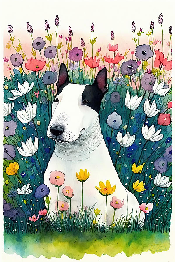 American Bull dog in flower field 3 Digital Art by Debbie Brown