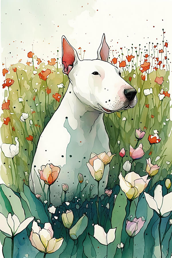 American Bull dog in flower field 2 Digital Art by Debbie Brown