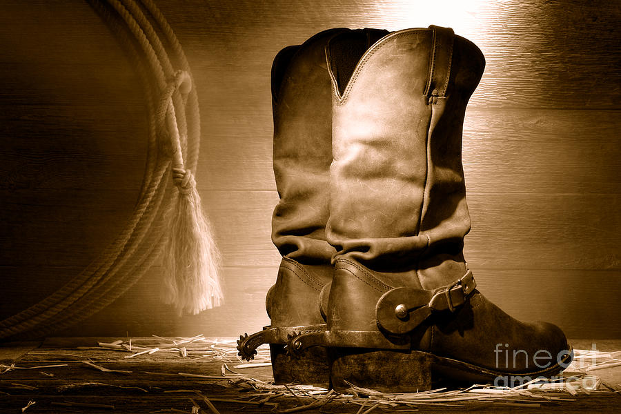 American Cowboy Boots - Sepia Photograph by Olivier Le Queinec