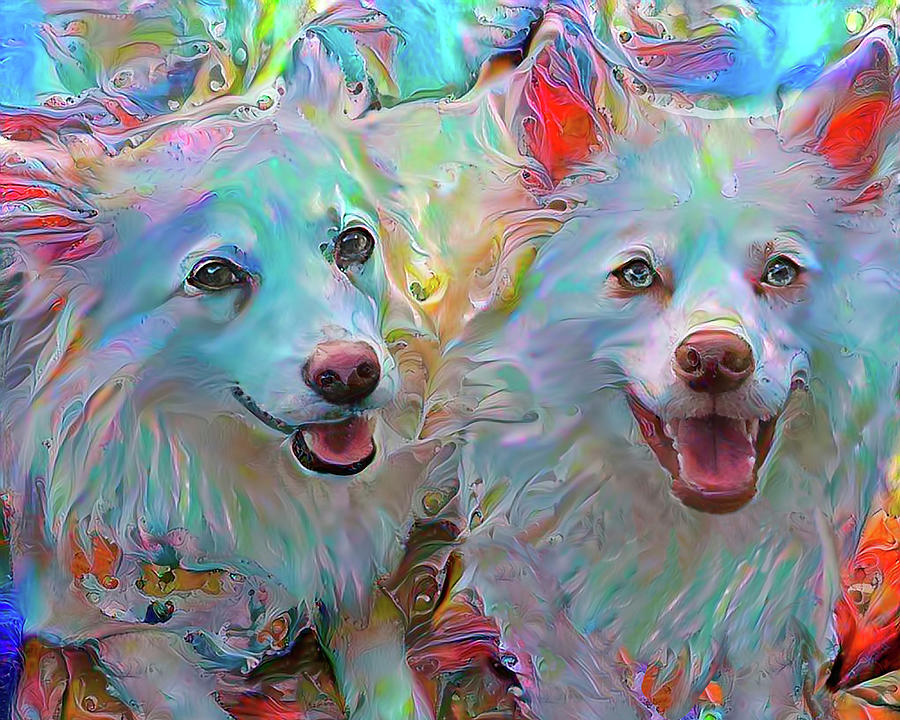 American Eskimo Dogs - Koki and Bizzy Mixed Media by Peggy Collins