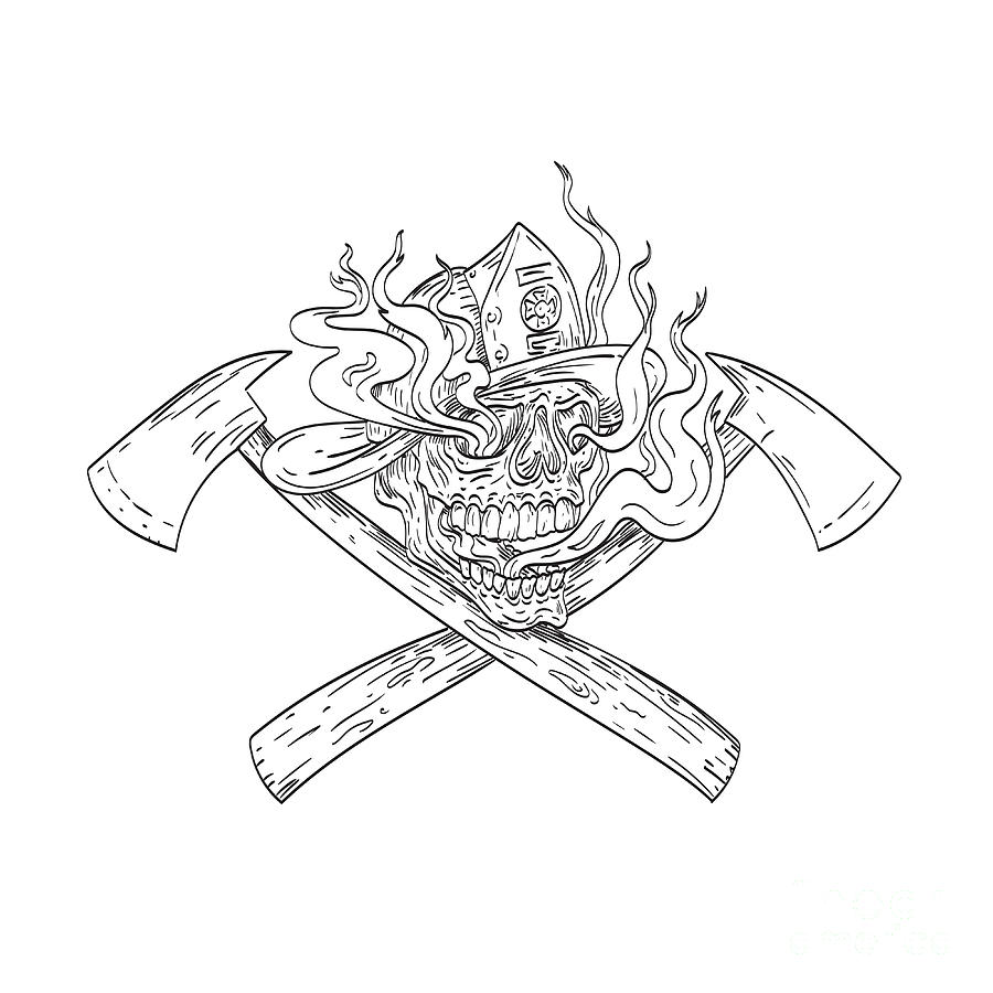 American Fireman Skull Wearing Firefighter Helmet Hat with Crossed Fire Axe Smoke and Fire Tattoo Drawing Black and White Digital Art by Aloysius Patrimonio - Pixels