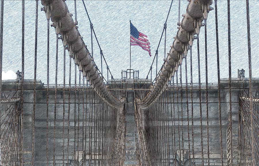 American flag above Brooklyn bridge Digital Art by Jean-Luc Farges