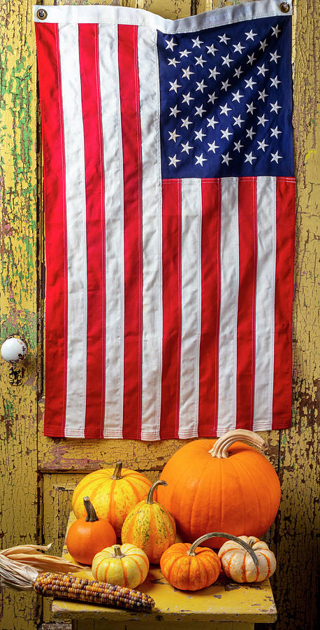 Pumpkin Photograph - American Flag And Autumn Pumpkins by Garry Gay