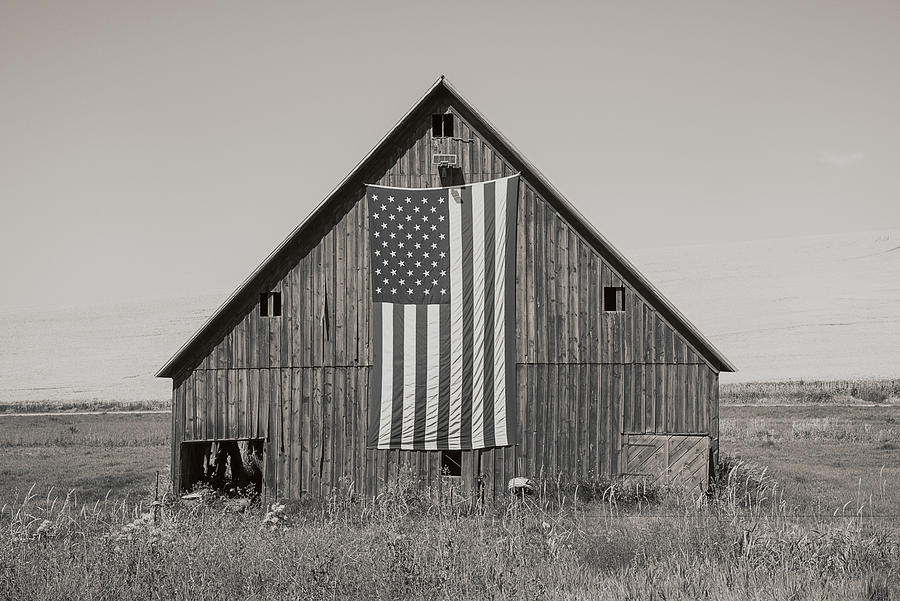 Barn Photograph - American Flag and Barn Sepia by Connie Carr