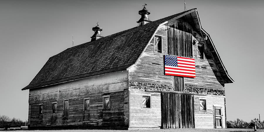 American Flag And Vintage Barn Panorama - Selective Color Photograph by Gregory Ballos