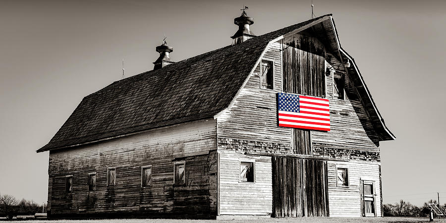 American Flag And Vintage Barn Panorama - Sepia Selective Color Photograph by Gregory Ballos