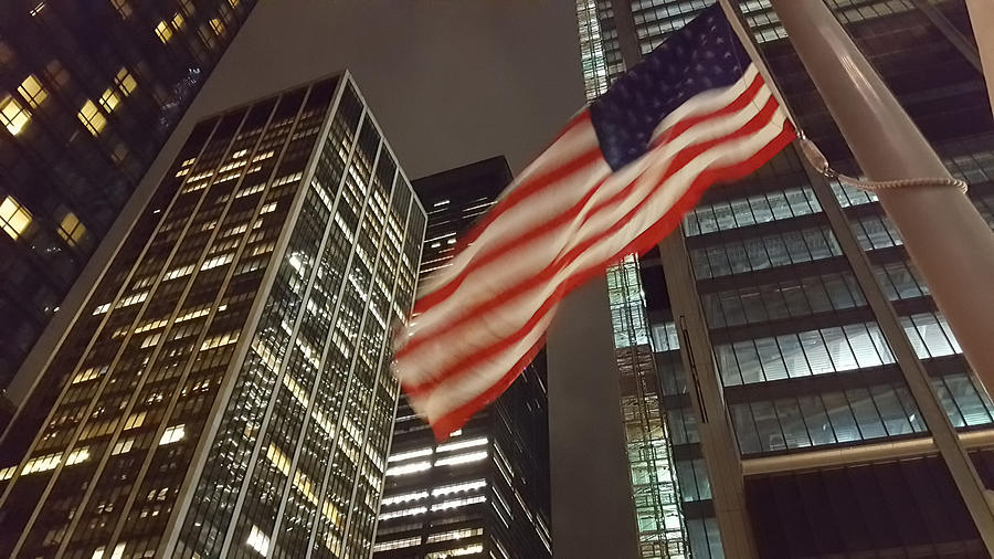 American flag at World Trade Center Site, Lower Manhattan, at night. New York City, USA Photograph by Busà Photography
