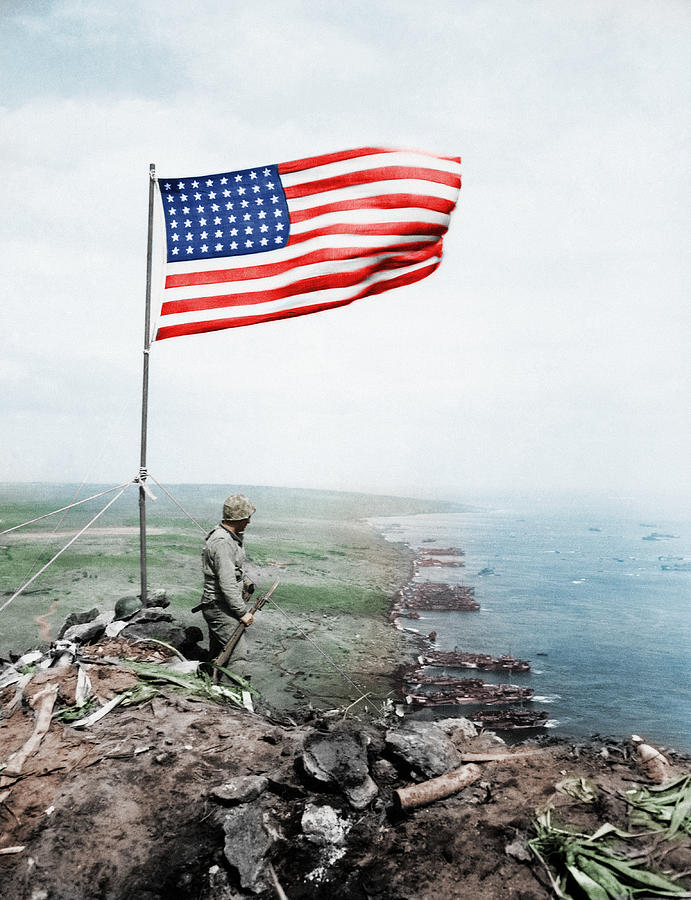American Flag Flying Over Mount Suribachi - WWII - Colorized Photograph by War Is Hell Store