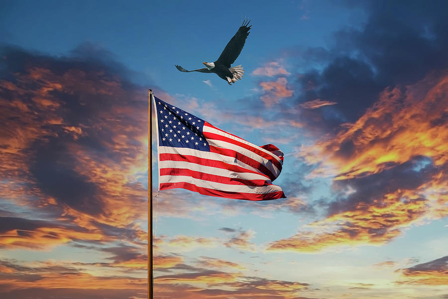 American Flag on Old Flagpole at Sunset with Eagle Photograph by Darryl  Brooks