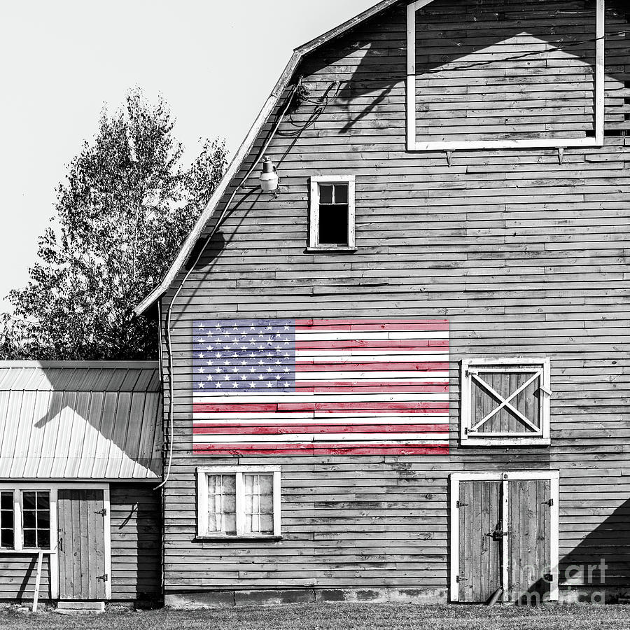 American Flag on the Stowe Vermont Classic New England Barn Black and White Photograph by Edward Fielding