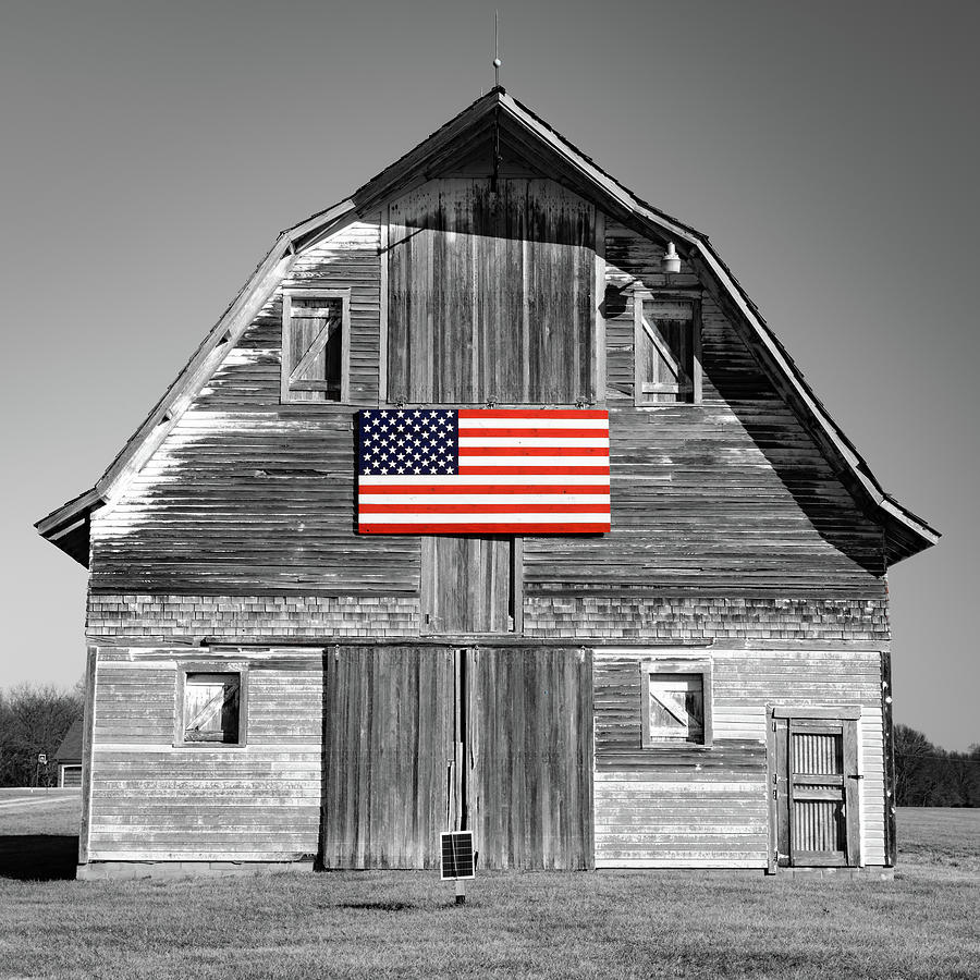 American Flag On Vintage Barn - Selective Color 1x1 Photograph by Gregory Ballos