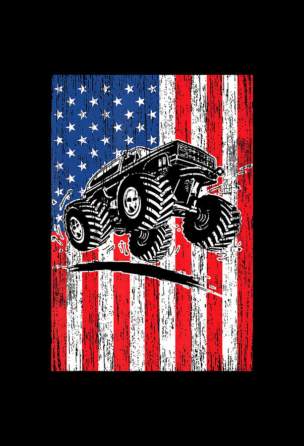 Flag Drawing - American Flag USA Monster Truck Lover T-Shirt by Julien
