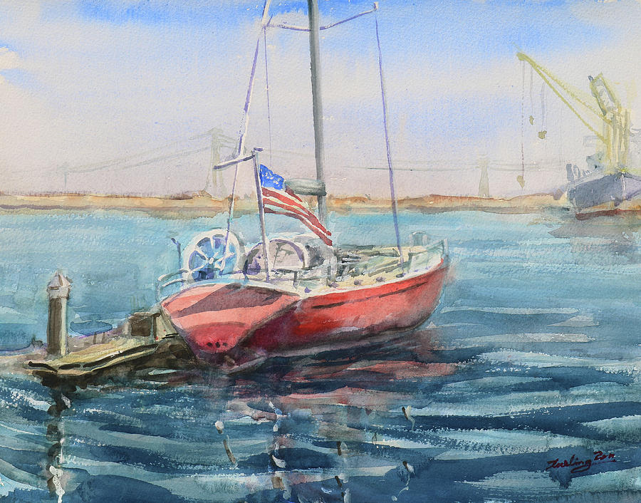 American Flay on a Red Sailboat Painting by Xueling Zou