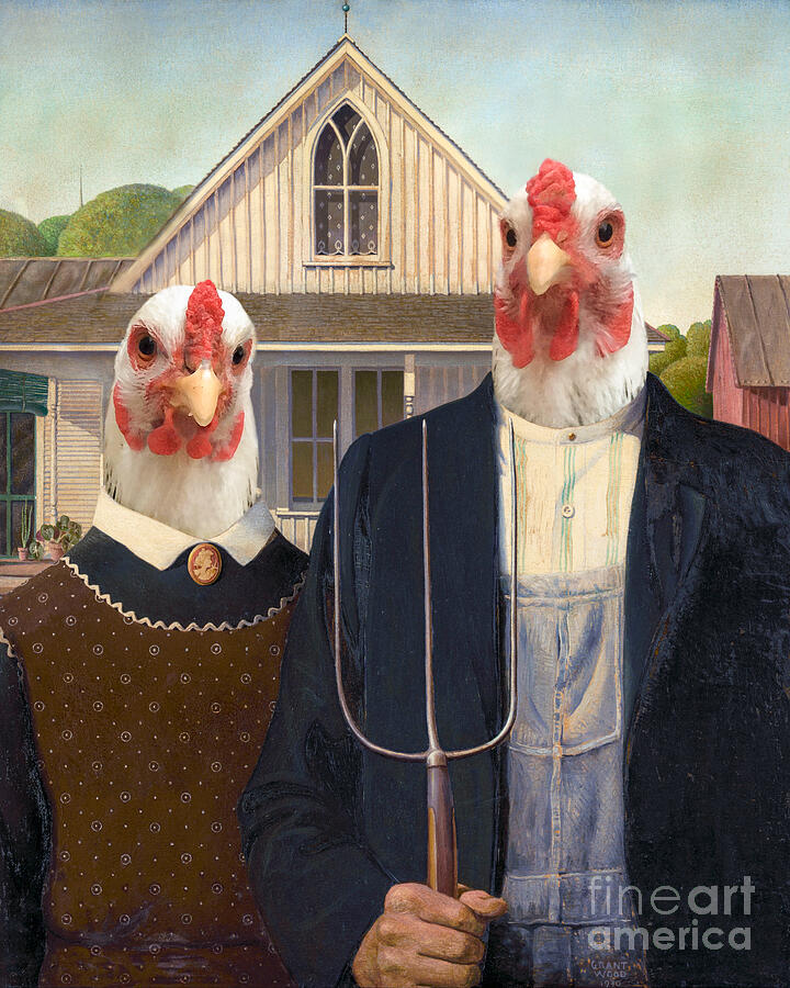 Chicken Painting - American Gothic chickens by Delphimages Photo Creations