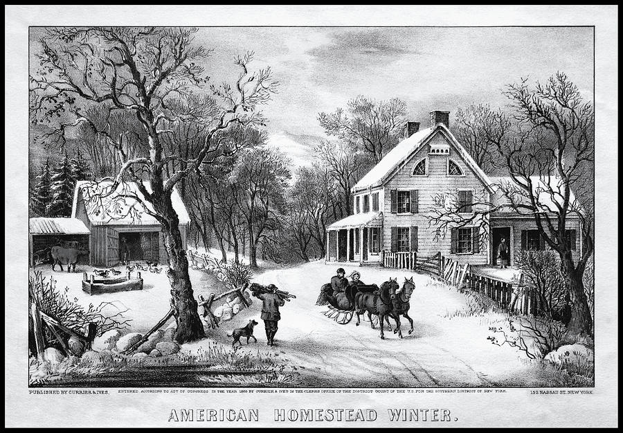 American Homestead Winter 1868 Black and White  Painting by Currier and Ives
