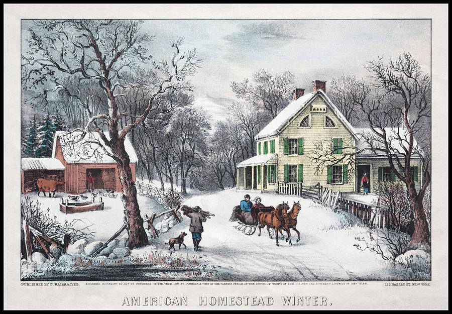 American Homestead Winter 1868 Painting by Currier and Ives