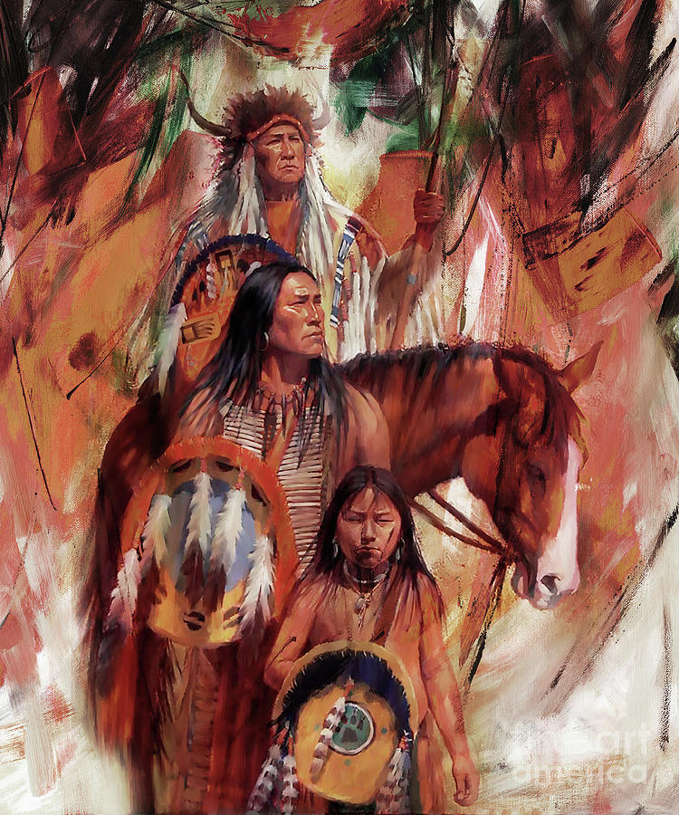 Wolves Painting - American Indians 34L by Native American GullG