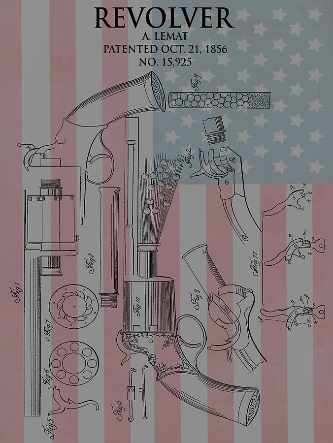 Revolver Drawing - American Lemat Revolver Patent by Dan Sproul