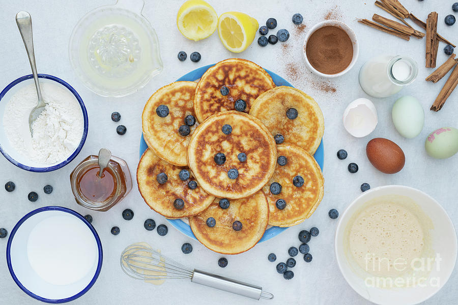 Blueberry Photograph - American Pancakes and Blueberries with Ingredients by Tim Gainey