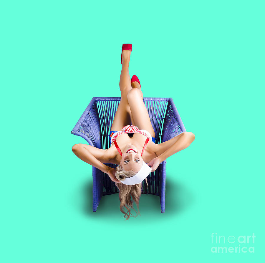 American pinup woman upside down on cane chair Photograph by Jorgo Photography