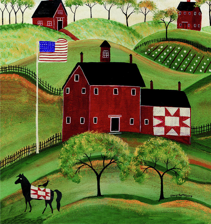 American Red Quilt House Painting by Cheryl Bartley