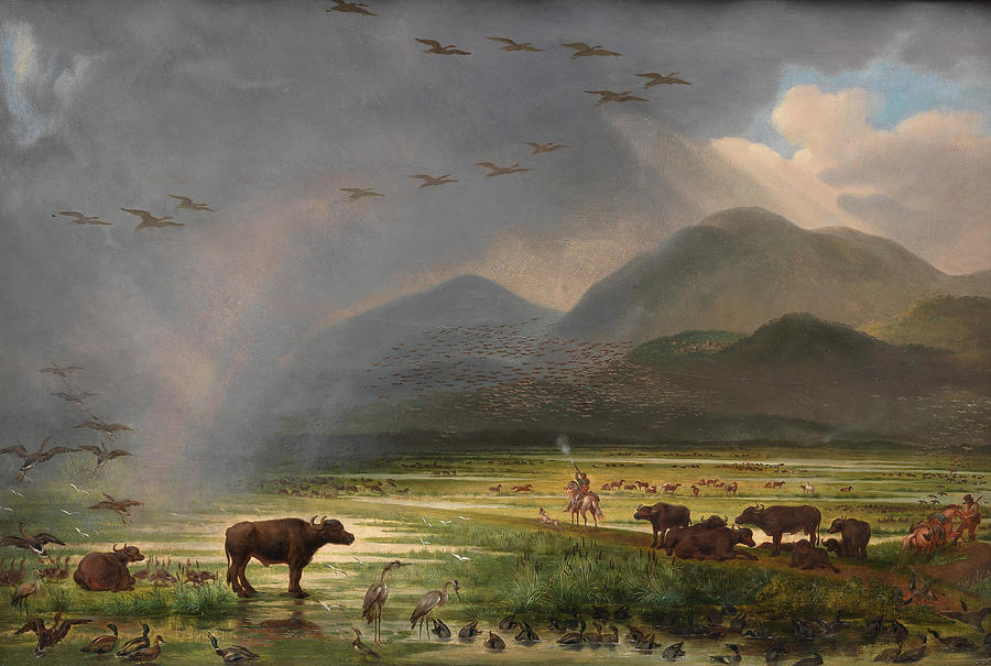 American School, 19th Century Huntsmen In An Extensive Landscape With Water Buffalo, Ducks And Heron Painting