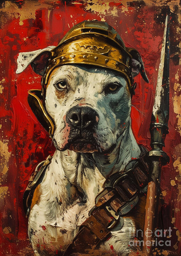 Dog Painting - American Staffordshire Terrier - adorned in the gear of a Roman arena fighter, strong and fearless by Adrien Efren