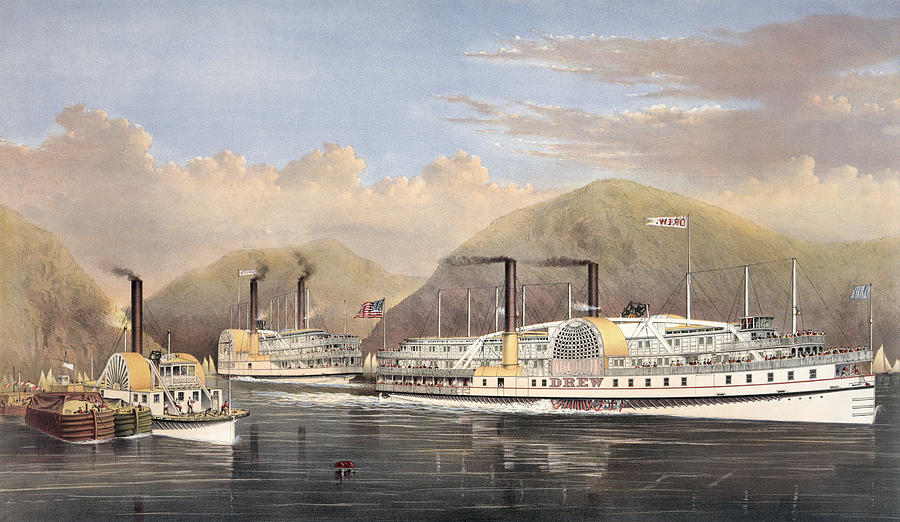 American Steamboats On The Hudson - Passing The Highlands - 1874 Drawing