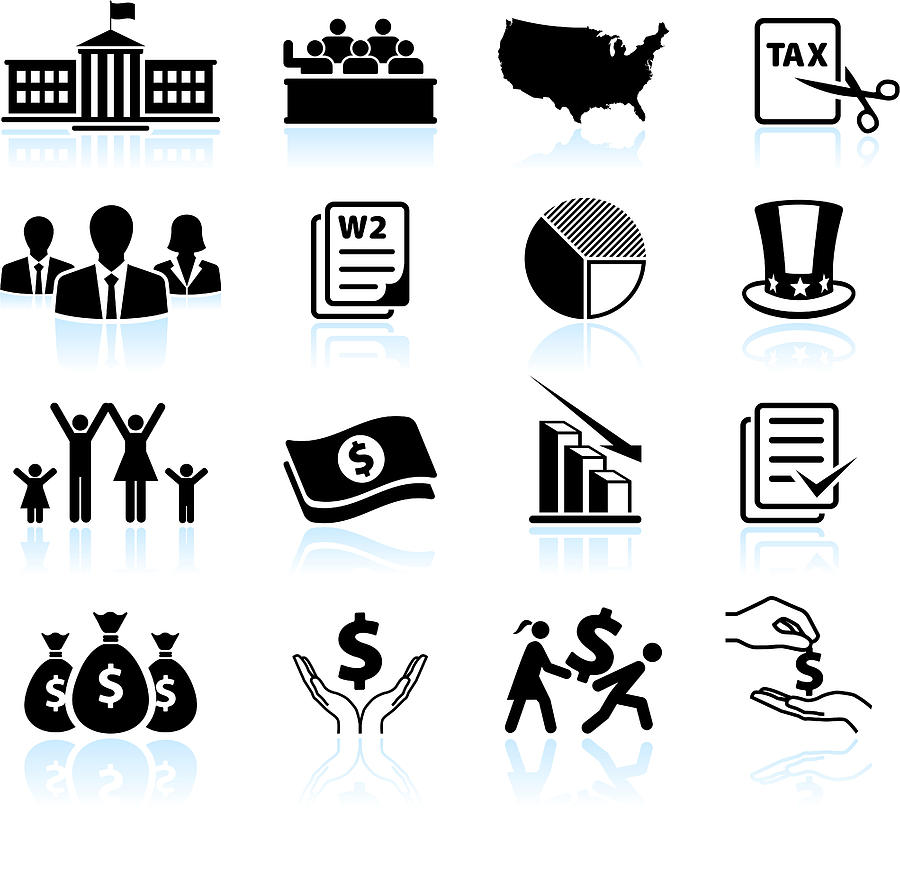 American Tax Cut Deal black & white vector icon set Drawing by Bubaone