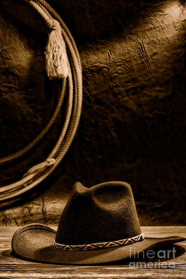 American West Rodeo Cowboy Hat and Lasso - Sepia Photograph by Olivier Le Queinec