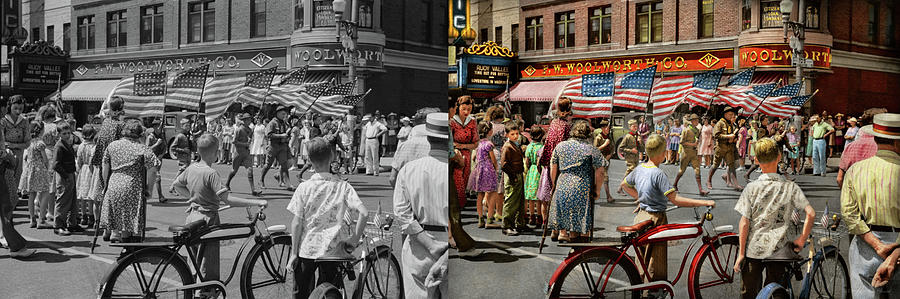 Americana - Watertown WI - Small town parade 1941 - Side by Side Photograph by Mike Savad