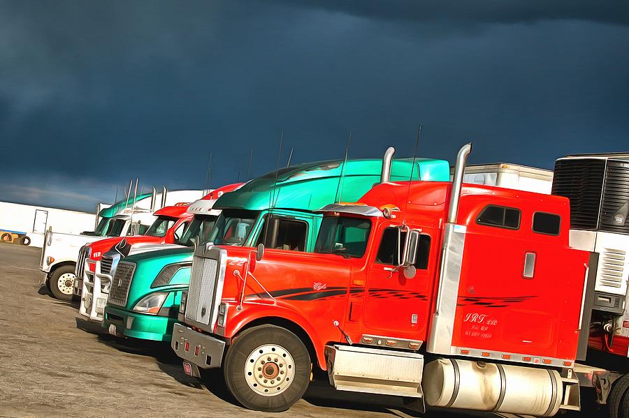 American big rigs waiting out a storm in a truckstop in Waco, Washington USA Digital Art by Mick Flynn