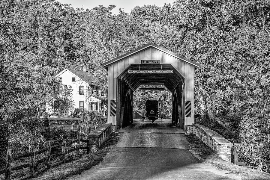 Amish Country - Neffs Mill Covered Bridge in Black and White Photograph by Bill Cannon