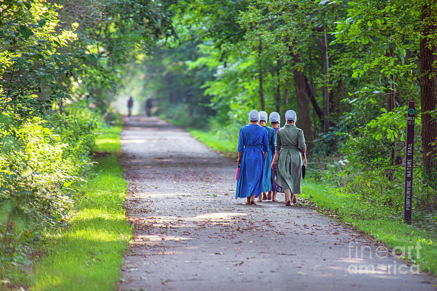 Amish girls walking on Pumpkinvine Photograph by David Arment