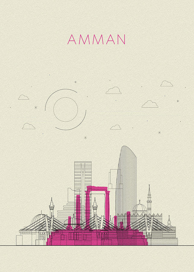 Memento Movie Drawing - Amman, Jordan Abstract City Skyline by Inspirowl Design
