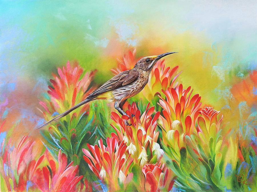 Among proteas - Cape Sugarbird Mixed Media by Elena Kolotusha