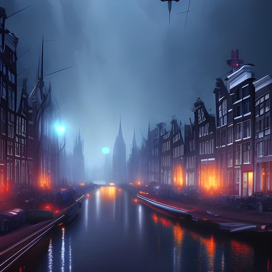 Amsterdam Digital Art - Canal Chronicles, Enchanted Amsterdam Shadows by Gemini Maison Art