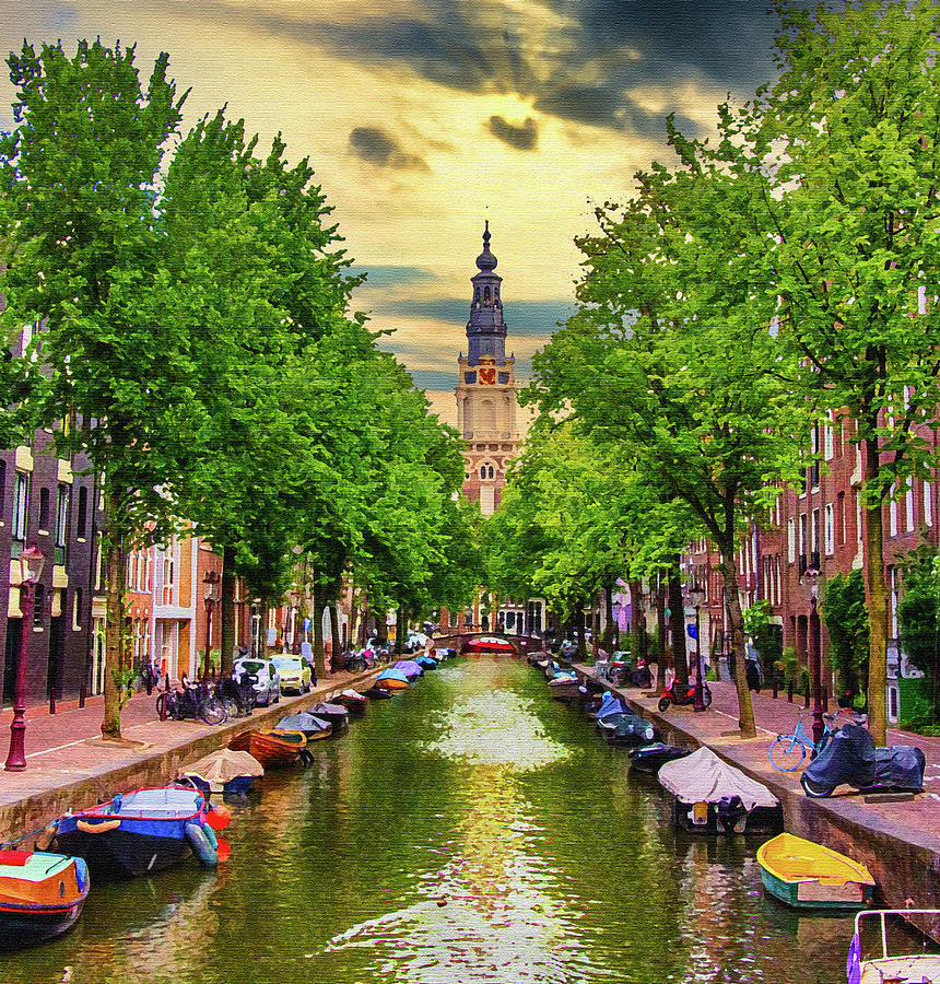 Amsterdam Canal and Zuiderkerk Church, Dry Brush on Canvas Digital Art by Ron Long Ltd Photography