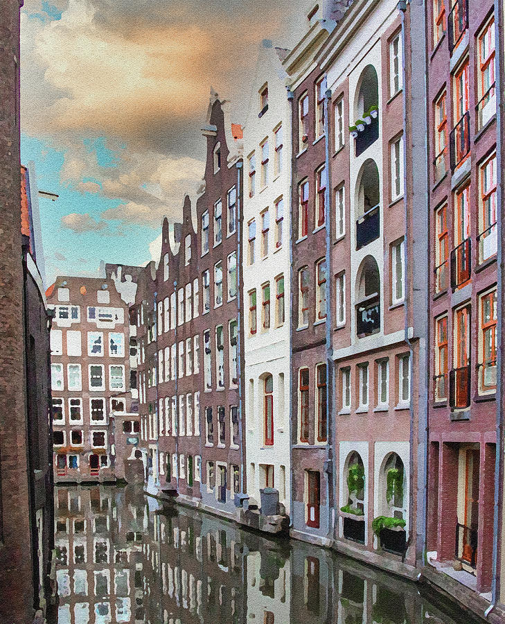 Amsterdam Canal Reflection Dry Brush on Sandstone Digital Art by Ron Long Ltd Photography