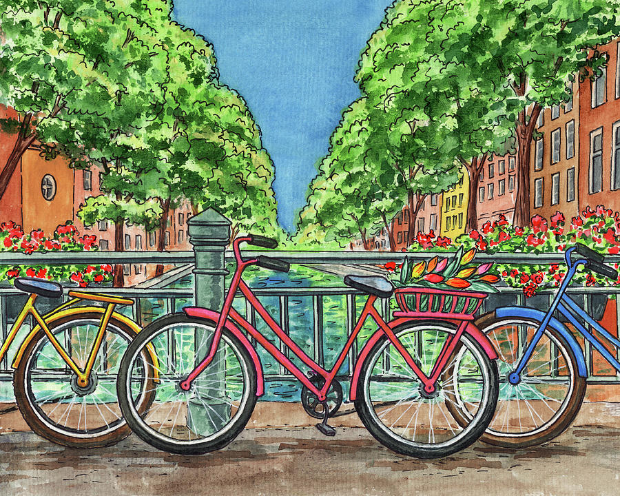 Amsterdam Colorful Bicycles On The Bridge Netherlands Watercolor Painting
