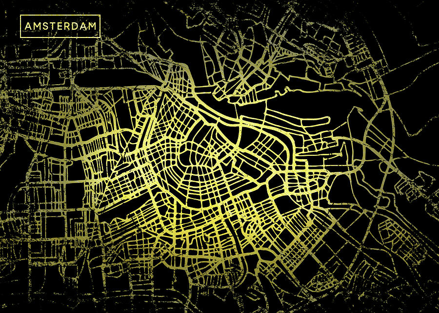 Amsterdam Map in Gold and Black Digital Art by Sambel Pedes