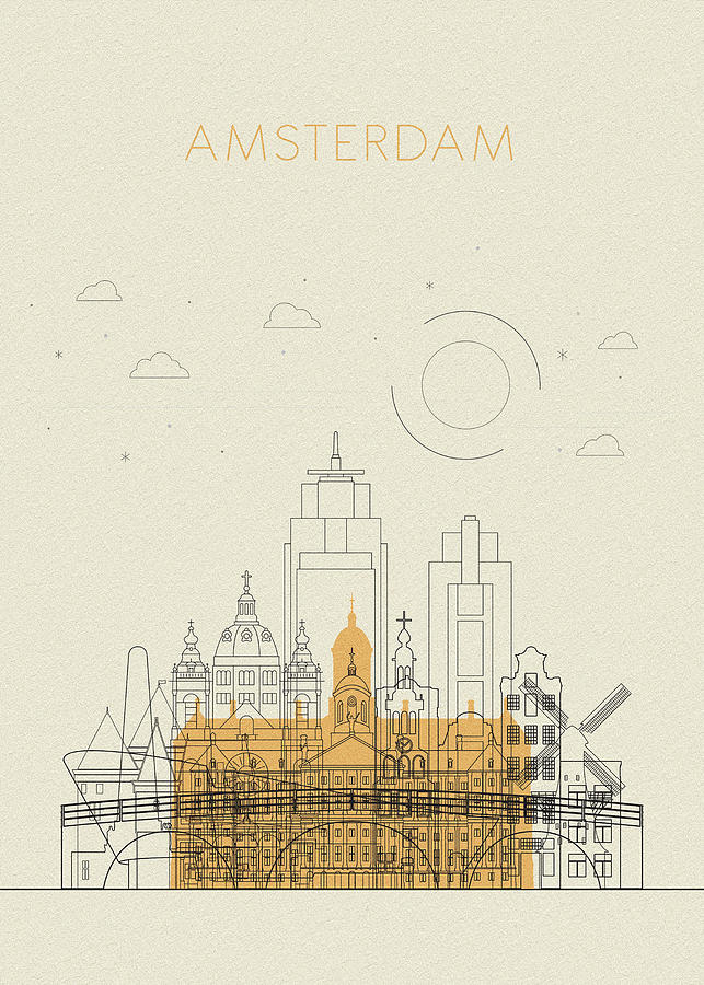 Memento Movie Drawing - Amsterdam, Netherlands Abstract City Skyline by Inspirowl Design