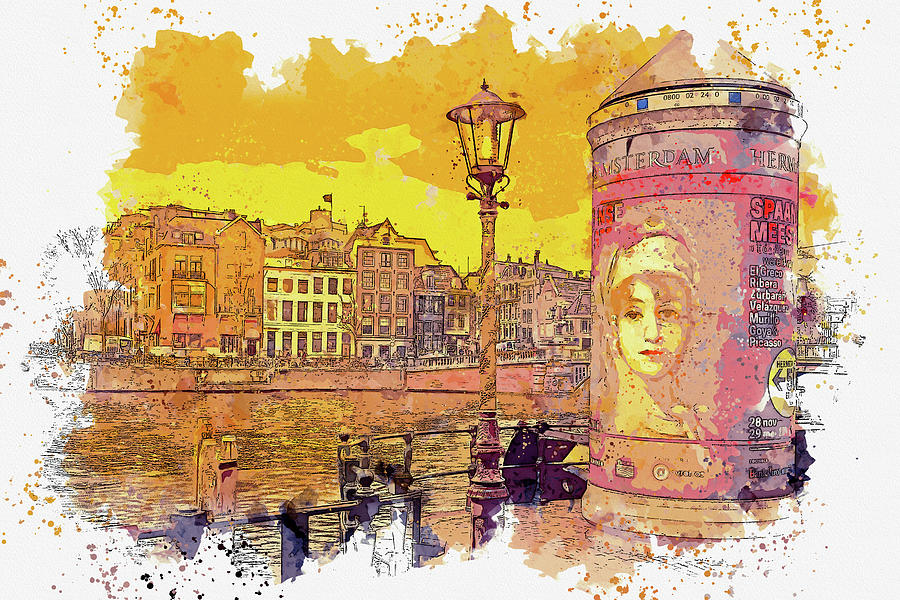 Sunset Painting - Amsterdam, Noord-Holland, Nederland, watercolor, by Ahmet Asar by Celestial Images