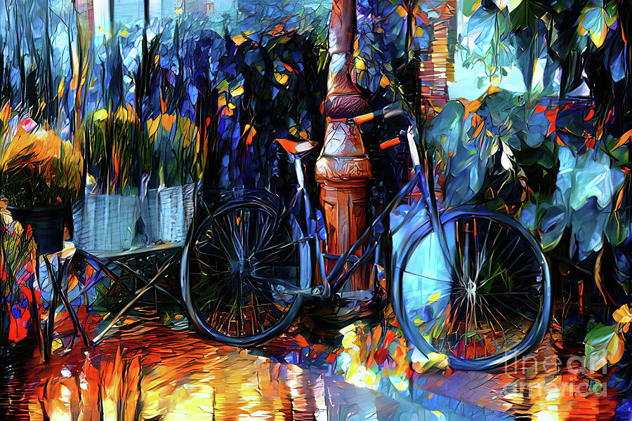 Amsterdam street scene with bicycle leaning against a lamp post and colourful flowers. Digital painting Photograph by Jane Rix