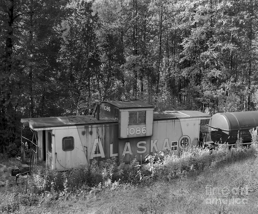 An Abandoned Alaska Railroad Caboose in Black and White Photograph by L Bosco