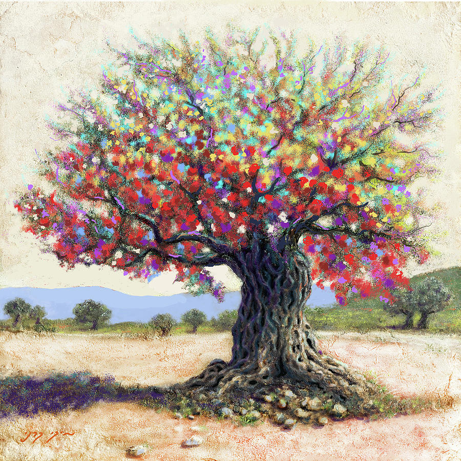 An abstract painting of an ancient and colorful olive tree by Miki Karni Painting by Miki Karni