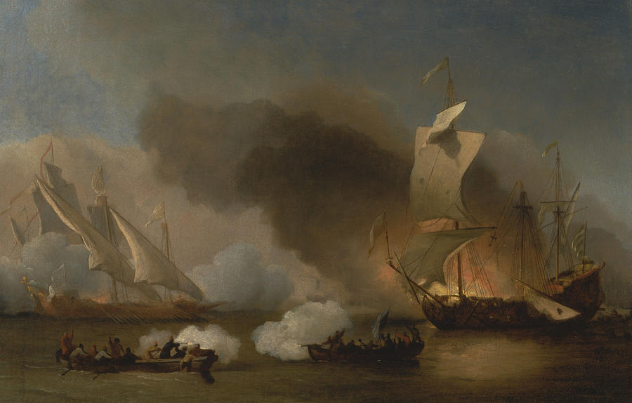 An Action between English Ships and Barbary Corsairs Painting by Willem van de Velde the Younger