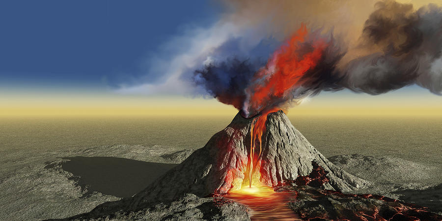 An active volcano belches smoke and molten red lava in an eruption. Drawing by Corey Ford/Stocktrek Images