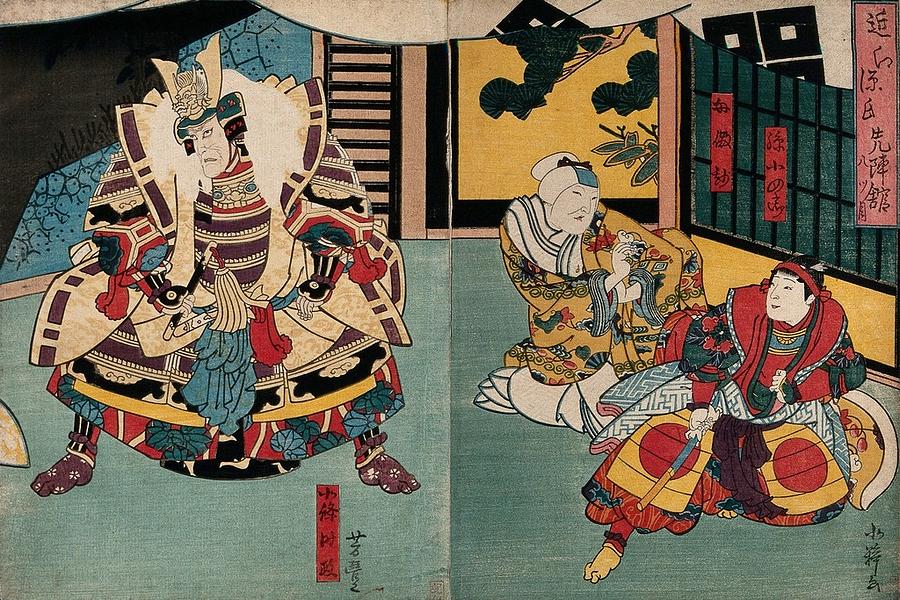 An actor as a hero in armour, with an old woman and a boy. Colour woodcut by Yoshitoyo, early 1860s Painting by Artistic Rifki