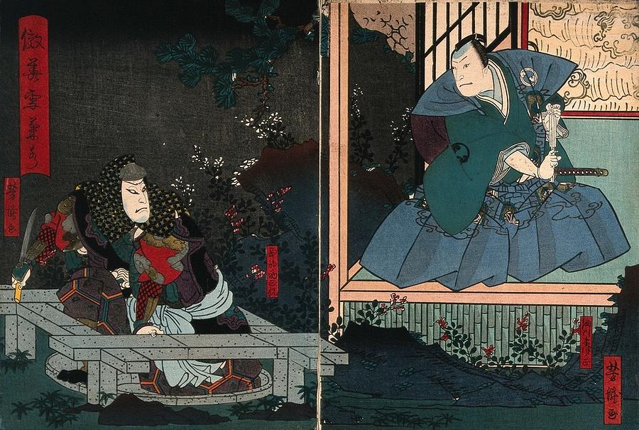 An actor as a hero who emerges from a well. Colour woodcut by Yoshitaki, early 1860s. Painting by Artistic Rifki